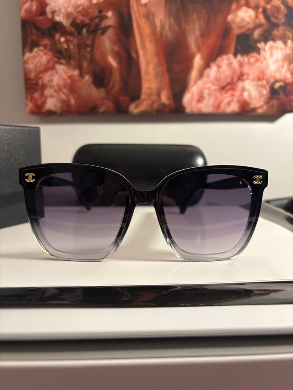(Inspired )Black-to-Clear Gradient Cat-Eye Sunglasses with Gold CC Accents